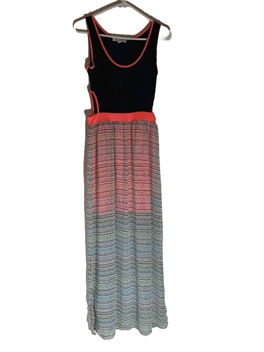 NWOT BLUE RAIN Sleeveless Maxi Dress w/Trim Cut Outs Patterned Half Lined Skirt